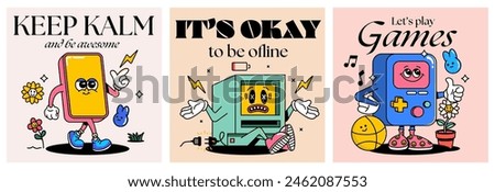 Various retro electronic storage devices characters set. Groove 90s cartoon style mascots of floppy disk or diskette , Smart phone, PC, vintage game gadgets. Contour vector illustration.