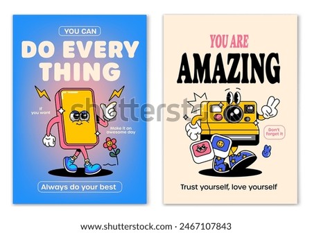 Retro cartoon walking smiled Smartphone and Camera mascot character surrounded by smiled elements and motivation lettering. Illustration for t-shirt print or poster design. Vector illustration