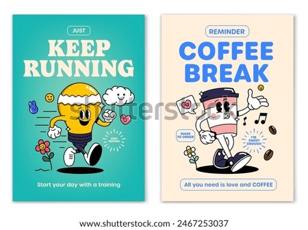 Retro cartoon walking smiled Lightbulb and Coffee cup mascot character surrounded by smiled elements and motivation lettering. Illustration for t-shirt print or poster design. Vector illustration