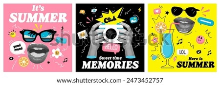 Summer vacation poster. Banner in vintage new nostalgia collage style. Travel concept. Paper halftone hand and lips collage. Vector illustration