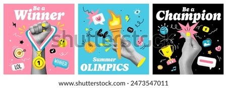 Trendy collage elements set Halftone hands holding trophy cup, torch with burning fire and first place gold medal. Success, victory. Modern retro vector illustration for mixed media design