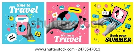 Trendy Halftone Collage Hand holding Mobile Phone, plane, Location Pin. Online booking. Contemporary art with position element. Travel planning. Choose and find trip. Surreal vector illustration