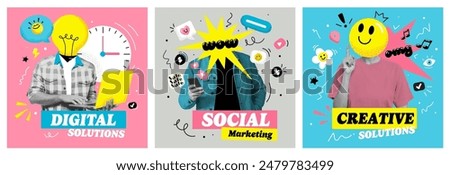 Trendy u2k banner with a people on a purple, grey and blue background. Modern collage with doodles and stickers with emoji. Bright composition for advertising. Vector popart illustration