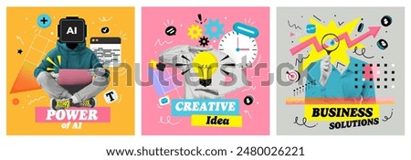 Graphs, pie chart, diagrams. Contemporary art collage made of people shots working hardly isolated over background, Concept of business, finance, career, co-workers, teambuilding. Vector Illustration