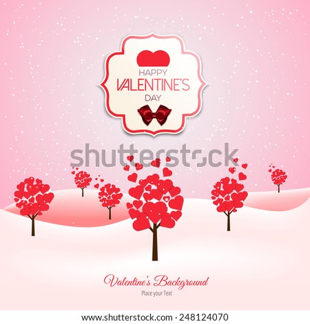 Valentine trees landscape with heart shaped leaves. Can be used for wallpaper, decoration, banner, advertising. Vector