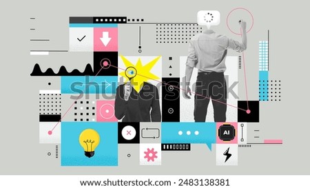 Business process. Contemporary art collage made of shots of young men, managers working hardly isolated over grey background, Concept of art, finance, career, co-workers, team. Vector illustration