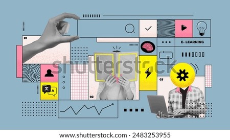 Contemporary art collage. Infographics design. Reading, literature lessons. Concept of education, creativity, study, homework, e-learning. Retro style. Poster and ad. Vector illustration