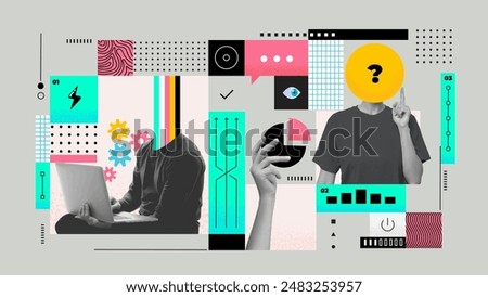 Halftone collage in bright colours. Data analytics or marketing seo optimization illustration concept with abstract infographics tabs and graphs. Vector illustration