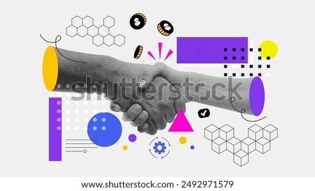 A collage banner with a handshake theme. Human hands make a deal. Handling halftone effect with doodles on grey background with hand drawn texture. Vector trendy illustration