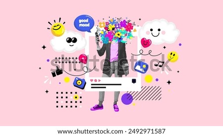 Contemporary collage art of lady blogger posting photo on insta account get many network reactions notification. Vector Illustration