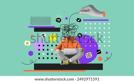 Contemporary collage artwork of weird unusual faceless mental string mess instead head isolated on green background. Trendy vintage social media post. Vector illustration