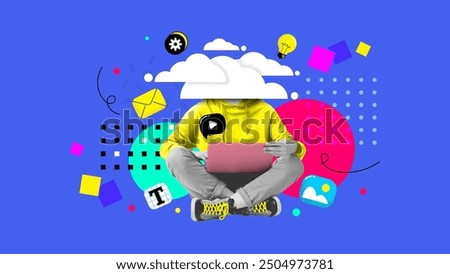 Composite collage photo artwork of headless person innovations concept. Creative template collage of developer working hardly on project. Vector illustration