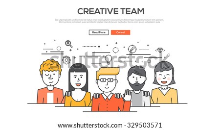 Flat Line design graphic image concept, website elements layout of  Creative team. Icons Collection of Creative Work Flow Items. Vector Illustration