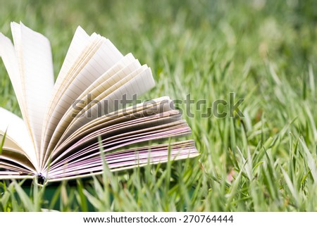 Open book, fanned pages on grass. Summer spring background with open book. Back to school.  Copy Space