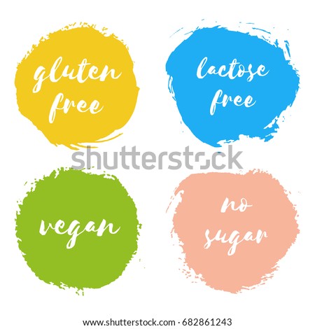 Set of vegan, gluten lactose free, no sugar design logo templates. Healthy natural badge, fresh milk splash, tag for cafe, restaurant, package. Hand drawn lettering card, watercolor dry brush stroke.