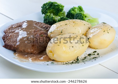 Beef cutlets with potatoes and broccoli