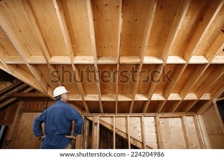 Construction worker inspecting home addition.