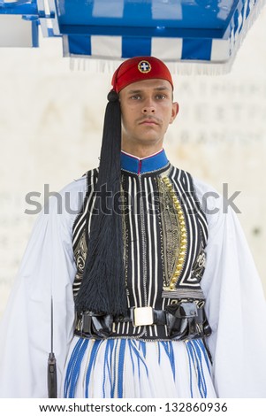 ATHENS,GREECE-MAR 25:The Evzones - elite unit of the Greek Army that guards the Greek Tomb of the Unknown Soldier during the celebrations for the Independence Day,March 16,2013 in Athens,Greece