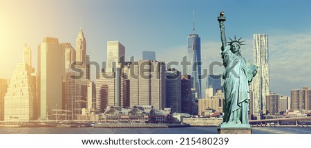 Manhattan Skyline with Brooklyn Bridge and the Statue of Liberty, New York City