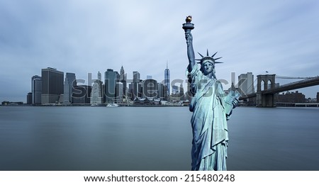 Manhattan Skyline with Brooklyn Bridge and the Statue of Liberty, New York City