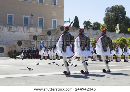 ATHENS,GREECE - JAN 11 :The Euzones - historical elite unit of the Greek Army that guards the Greek Tomb of the Unknown Soldier and the Presidential Mansion,January  11, 2015 in Athens,Greece