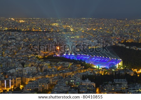 beautiful panoramic night view of athens and stadium, Greece