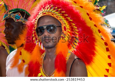 PORT OF SPAIN, TRINIDAD - February 17: Masqueraders enjoy themselves in Island people mas Carnival presentation-Celebration-, February 17, 2015 in of Port of Spain, Trinidad.