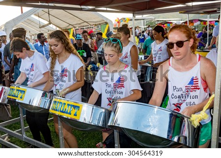 PORT OF SPAIN, TRINIDAD - August 9: Band members practice outside the venue of the International Steelband Panorama Contest , August 9, 2015 in Queen's Park Savannah Port of Spain,Trinidad.