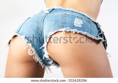Sexy woman body in jean shorts. The model is back. Great ass.