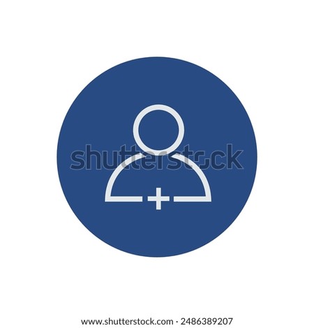 Minimalist user profile with plus sign on a navy blue circular backdrop.User add icon on circle.