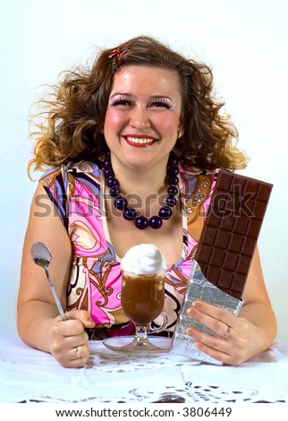 Happy Smiling woman with a coffee and chocolate