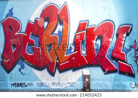 BERLIN - AUGUST 24, 2014 : The East Side Gallery is the largest outdoor art gallery in the world. This is a graffiti of the letters Berlin.