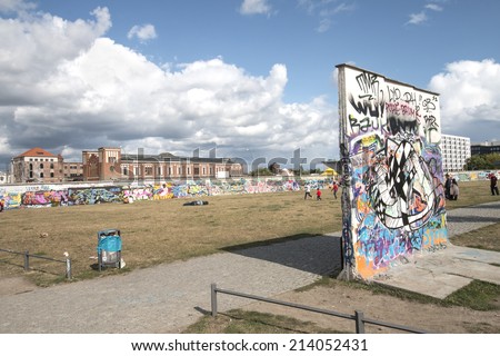 BERLIN - AUGUST 24, 2014 : The East Side Gallery is the largest outdoor art gallery in the world. This photo shows the former death strip with wall segments