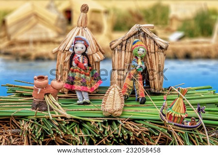 From the Uru People of the Titicaca lake created composition to document the life of the Urus. In the background blurred original Uru huts on a reed island.