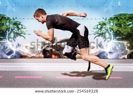 Explosive sprint of male athlete on road surface with strong reflecting metal background. Filtered version.