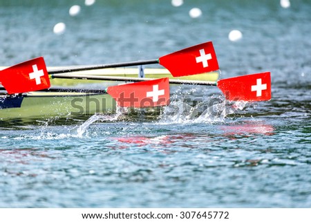 Three paddles with swiss coat of arms logo coming up out of the water.