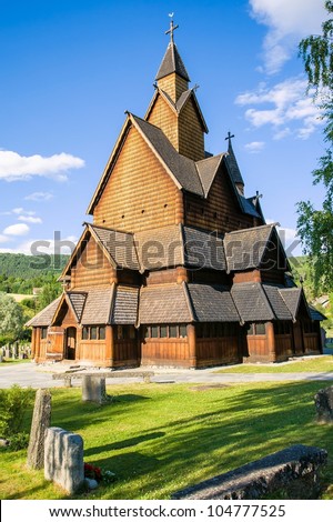 Heddal Stave church right outside Notodden, Norway. Old style wooden church and the largest in Norway. Popular tourist attraction