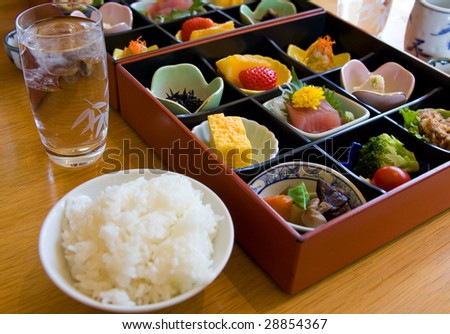 Japanese Luxury food box served as a complete dinner with rice