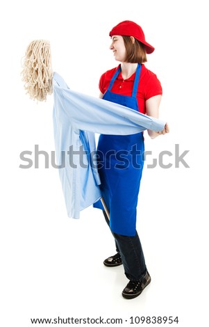 Teenage worker dancing with a mop, pretending it\'s a person. Full body isolated on white.