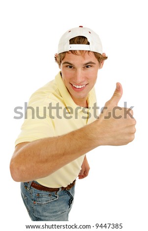Casual college age man giving an enthusiastic thumbs-up sign.  Isolated on white.