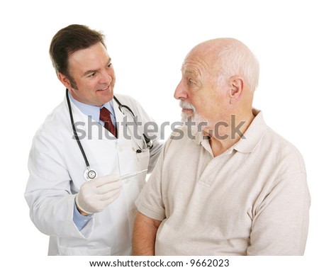Senior man at the doctor finding out his temperature is normal.  Isolated on white.
