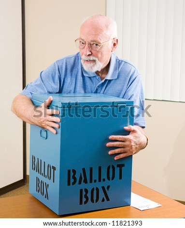 Senior man stealing a ballot box from an election polling place.