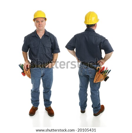 Front And Back Views Of A Construction Worker. Full Body Isolated On ...