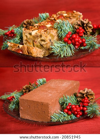 Humorous comparison between the unpopular Christmas fruitcake and a brick.  Both full sized images.