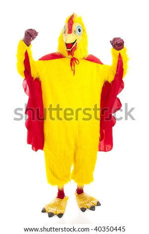 Man in a chicken suit with a cape holding his arms up in a gesture of strength.  Full body isolated on white.