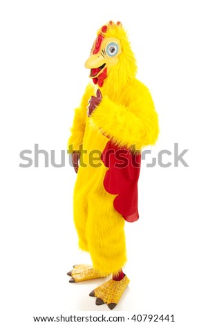 Full body view of a man in a chicken suit giving the thumbs up sign.