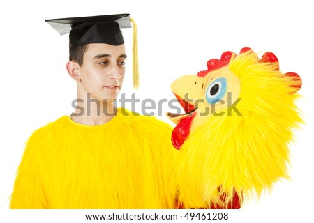 Depressed college graduate can only find work as a fast food chicken mascot.  Isolated on white.