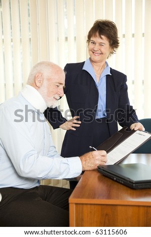 Personal injury lawyer winks as she signs a gullible client.