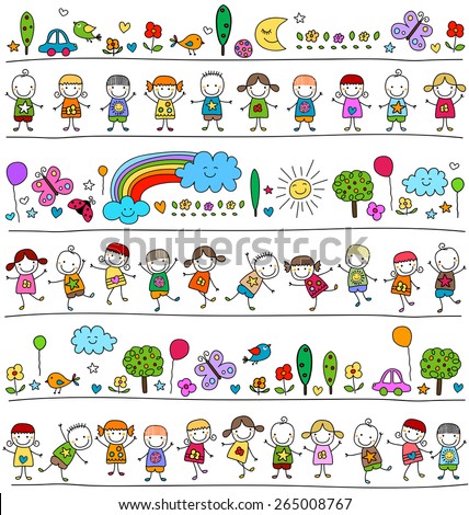 colorful pattern with children and cute nature elements, child like drawing style