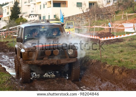 SERTA, PORTUGAL - MARCH 17: An unknown driver/team participating on Third TT Jeep Tour, organized by Serta Fire Department TT Club in Serta, Portugal on March 17, 2012.